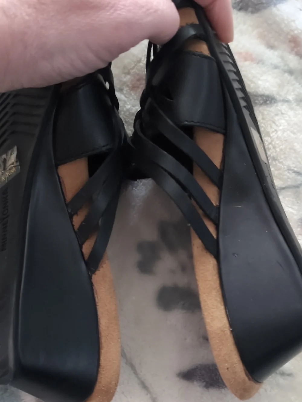 Minnetonka Black Woven Leather Wedges